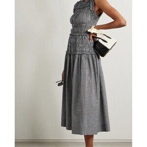 DOEN Mallory Shirred Gingham Cotton Midi Dress size M Drop Waist Ruffle Trim